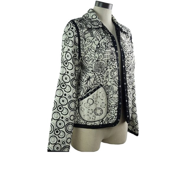 Jacquard Circle Geometric Pattern Black cream embellished women open blazer M - Picture 3 of 11